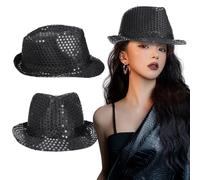 Healvian 2pcs Black Sequins Jazz Hat for Adults, Magician Costume Party Dress-up Accessory, Unisex Performance Fedora Caps for Stage and Disco Events