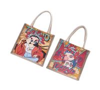Healvian 2pcs Canvas Tote Bag for Women with Zipper Peking Opera Print Casual Capacity Handbag for Shopping Travel and Daily Use