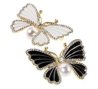 Healvian 2pcs Crystal Rhinestone Butterfly Brooch Pin with Enamel Pearls Elegant Lapel Pins for Women Shawl Hat Accessories Daily Fashion Jewelry Black White
