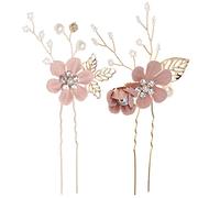 Healvian 2pcs Delicate Cloth Flower Hairpins for Bride U Shaped Wedding Headpiece with Beaded Design Lightweight Bridal Hair Accessories for Weddings Parties and Photos Pink Hair