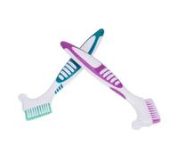 Healvian 2Pcs Denture Tooth Brush Dual-Headed Soft Bristle Denture Cleaning Brush with Anti-Slip Handle for Partial and Full Travel-Friendly Small Toothbrush Green Purple