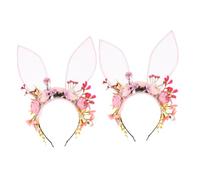 Healvian 2pcs Flocked Faux Flower Bunny Ear Headband Comfortable Animal Headwear for Halloween Cosplay Easter Birthday Party Unique Spring Rabbit Ear Crown with Floral Wreath Fairy Costume