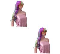 Healvian 2pcs Halloween Gradient Color Long Curly Wig for Women Mid Rainbow Cosplay Hairpiece Natural Look Comfortable Ventilative for Party and Daily Wear
