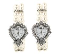 Healvian 2pcs Heart-Shaped Women's Quartz Watch Crystal Bling and Double-Row Faux Pearl Elastic Bracelet, Small Fashion Wristwatch for Ladies, Decorative Rhinestone Jewelry for Casual and Formal Wear