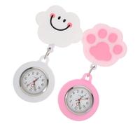 Healvian 2pcs Nurse Pocket Watch Set Retractable Clip, Cartoon Digital Hanging Watches for Students and Medical Staff, Soft Stretchable Cord, Smile White Cloud and Pink Cat Paw Designs