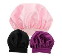 Healvian 3pc Children Sleep Bonnet Cap Wide Band Elastic Satin Hair Care Hat for Boys Girls Sleeping Hair Turbans in Purple Black Pink