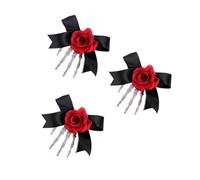 Healvian 3pcs Halloween Skeleton Hand Hair Clip with Red Rose and Bow Goth Bone Hand Hairpin for Women for Cosplay and Themed Parties