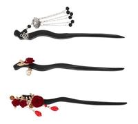 Healvian 3pcs Wooden Rose Hair Chopsticks with Tassel Handcarved Chinese Hairpins for Women Elegant Vintage Floral Hair Sticks for Buns Polished Smooth Design Portable Chignon Pins for