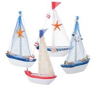 Healvian 4 Pcs Pine Wood Sailboat Models Beige Canvas Blue Netting, Nautical Bathroom and Coastal Tabletop Decor, Mediterranean Style Ocean Room Ornaments Marine Life, Seagull, and Red Flag