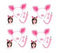 Healvian 4 Sets Soft Pink Pig Costume Set with Ears Headband Fake Nose Tail and Bowtie for Costume Parties Spa Days and Cosplay Nonslip Face Wash Accessory for Adults