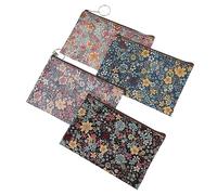 Healvian 4pcs Cute Small Cotton Cloth Coin Purse Set with Flower Prints, Zipper Change Wallets for Women, Vintage Style Tiny Pouch Collection for Everyday Carry, Black Blue Grey Beige