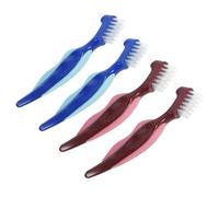 Healvian 4pcs Denture Brush Toothbrush Set Double-Sided Small Travel Size Denture Cleaning Brush for Elderly Removable False Teeth Oral Care Red and Blue