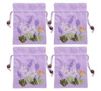 Healvian 4pcs Lavender Linen Drawstring Sachet Bags with Cross Stitch Embroidery, 11x14cm Small Decorative Pouches for Jewelry Storage and Wedding Favors