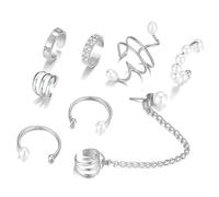 Healvian 8Pcs Non-piercing Pearls Clip Earrings for Women and Ear Bone Cuff Jewelry Simple Fashion Accessories for Daily Wear and Halloween Costume