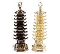 Healvian Antique Copper Wenchang Tower Keychain Pendant 2pcs Set, Miniature Nine-layer Brass Craft Ornament for Keyring Decoration and Arts Crafts