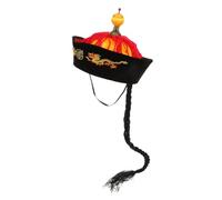Healvian Asian Ancient Emperor Braids Hat Costume Prop with Printed Design Stage Performance Headdress for Festival Party and Cosplay Qing Dynasty Style Adult Headwear