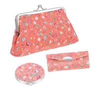 Healvian Cosmetic Bag Set 3pcs Lipstick Case and Makeup Mirror Orange Chinese Style Change Purse Storage Box for Women Travel and Daily Use