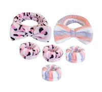 Healvian Face Wash Headband and Wristband Set 6pcs Soft Fleece Tie-dye Leopard Print Pink and Blue Red Striped Spa Headbands for Women Makeup and Skincare Use