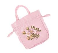 Healvian Small Embroidery Handbag Tote Bag Drawstring Handle Pink Floral Embroidered Purse for Women Travel and Daily Use Ethnic Style
