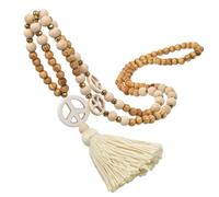 Healvian Tassel Wooden Beads Necklace, Peace Sign Pendant, Boho Long Chain for Women, Beige, 22. 8 Inches**