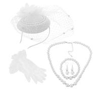 Healvian Vintage White Fascinators Hat with Veil and Lace Gloves for Women Elegant Tea Party Accessories with Pearl Necklace and Bracelet for Afternoon Gatherings and Halloween