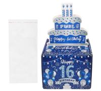 HEANUJJ 16-year-old Birthday Money Pulling Box Set with Blue Silver Design, Cake Money Pull out Kit with Bags for Party Decoration and Cash Surprise