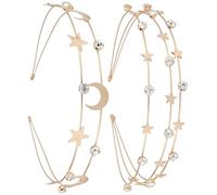 HEANUJJ 2Pcs Multi-Layer Metal Headbands with Star and Moon Crystal Rhinestones, Shining Bridal Hair Hoops for Women, All-Match Hair Accessories for Parties and Weddings