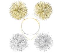 HEANUJJ Glitter Silk Pom Pom Headbands Trendy Golden and Silver for Women 2pcs Flexible and Stunning Effect Hair Accessories Fashionable Headbands for Party and Dress up Costume