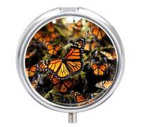 Heaps of Orange Monarch Butterflies Small Pill Case Round Weekly Pills Organizer with Mirror 3 Compartments Portable Travel Daily Pills Container Cute Pill Box for Fish Oil Supplement