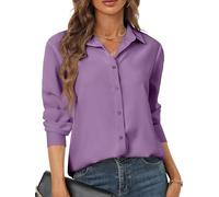 hearain Soft Polyester Chiffon Button Down Shirts for Women Fold Pleated Back Plain Shirt Workwear XS-XXL, 5288_purple, XXL