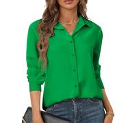 hearain Soft Polyester Chiffon Button Down Shirts for Women Fold Pleated Back Plain Shirt Workwear XS-XXL, 5288_green, S