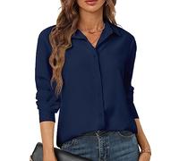 hearain Women's Button Down Shirts Soft Polyester Chiffon Long Sleeve Shirt Fold Pleated Back Solid Workwear XS-XXL, 40066_navy Blue, S