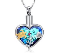 Hearbeingt Crystal Heart Cremation Urn Necklace for Ashes for Women Men Sea Turtle Cremation Jewelry for Ashes Memorial Ash Pendant Keepsake Jewelry, Stainless Steel, No Gemstone