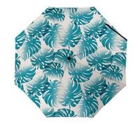 Hearda Manual Umbrella Windproof Strong, 3D Monstera Leaves Pattern 8 Ribs Folding Sun Umbrellas UV Portable Umbrella Waterproof Windproof Travel Umbrella for Women Man Kids (Blue Leaves)