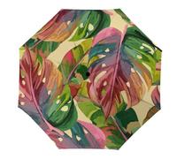 Hearda Manual Umbrella Windproof Strong, 3D Monstera Leaves Pattern 8 Ribs Folding Sun Umbrellas UV Portable Umbrella Waterproof Windproof Travel Umbrella for Women Man Kids (Red Leaves)