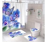 Hearda Modern 4 Piece Shower Curtain Set, 3D Butterfly Print Waterproof Fabric Bathroom Curtain Set with Hooks for Anti Slip Bathroom Rugs Set + Toilet Seat Cover +Bath Mat (4PC,Phalaenopsis)