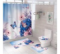 Hearda Modern 4 Piece Shower Curtain Set, 3D Butterfly Print Waterproof Fabric Bathroom Curtain Set with Hooks for Anti Slip Bathroom Rugs Set + Toilet Seat Cover +Bath Mat (4PC,Gerbera)