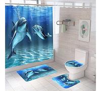 Hearda Modern 4 Piece Shower Curtain Set, 3D Marine life Print Waterproof Fabric Bathroom Curtain Set with Hooks for Anti Slip Bathroom Rugs Set + Toilet Seat Cover +Bath Mat (4PC,Dolphin)