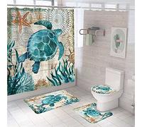 Hearda Modern 4 Piece Shower Curtain Set, 3D Marine Life Print Waterproof Fabric Bathroom Curtain Set with Hooks for Anti Slip Bathroom Rugs + Toilet Seat Cover + Bath Mat (4PC, Sea Turtle)