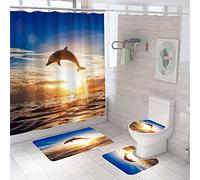 Hearda Modern 4 Piece Shower Curtain Set, 3D Marine life Print Waterproof Fabric Bathroom Curtain Set with Hooks for Anti Slip Bathroom Rugs Set + Toilet Seat Cover +Bath Mat (4PC,Sunset)