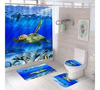 Hearda Modern 4 Piece Shower Curtain Set, 3D Marine Life Print Waterproof Fabric Bathroom Curtain Set with Hooks for Anti Slip Bathroom Rugs + Toilet Seat Cover + Bath Mat (4PC, Coral Reef)