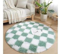 Hearda Round Fluffy Rugs Living Room, Checkerboard Print Round Soft Shaggy Rug, Non-Slip Faux Fur Carpet, Long Plush Carpet, Washable Rugs for Bedroom Kids Living Room Home Decor (Green 1,120cm)