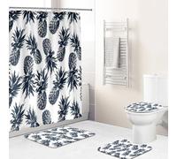 Hearda Shower Curtains for Bathroom with 12 Hooks Rings, 3D Pattern 4 Piece Bathroom Set Shower Curtain with Rugs and Toilet Lid Cover and Non-Slip U Shape Bath Mat (Blue pineapple)