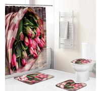 Hearda Shower Curtains for Bathroom with 12 Hooks Rings, 3D Pattern 4 Piece Bathroom Set Shower Curtain with Rugs and Toilet Lid Cover and Non-Slip U Shape Bath Mat (Pink tulip)