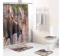 Hearda Shower Curtains for Bathroom with 12 Hooks Rings, 3D Pattern 4 Piece Bathroom Set Shower Curtain with Rugs and Toilet Lid Cover and Non-Slip U Shape Bath Mat (Brown deer)