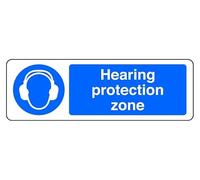 Hearing Protection Zone - safety sign - High tack self-adhesive sticker (150mm x 50mm) Viewing Distance within 3m.