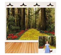 HEARKEN Yellow Brick Road City Forest Backdrop Red Poppy Field Road Wizard Party Forest Runner Yellow Road Photo Background Princess Birthday Poppy Green Forest Banner (Green, 7x5ft)