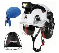 HEARMOR VOLTEK Hard Hat - CE EN397 Certified Industrial Safety Helmet with LED Headlamp, Visor & Ear Protection | For Forestry, Construction, Climbing | Breathable Adult Work Helmet