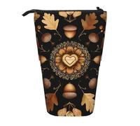 Heart Acorn Standing Pencil Case Vintage Leaves Pen Pouch Holder Telescopic Pencil Bag Pop Up Cosmetics Bag Stationery Organizer for School Office Travel