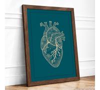 Heart Anatomy in Gold Minimalist Framed Wall Art Print A4 (29.7×21cm) Walnut, Wall Decor for Living Room, Bedroom, Office & Home, Ready to Hang, Art Gift